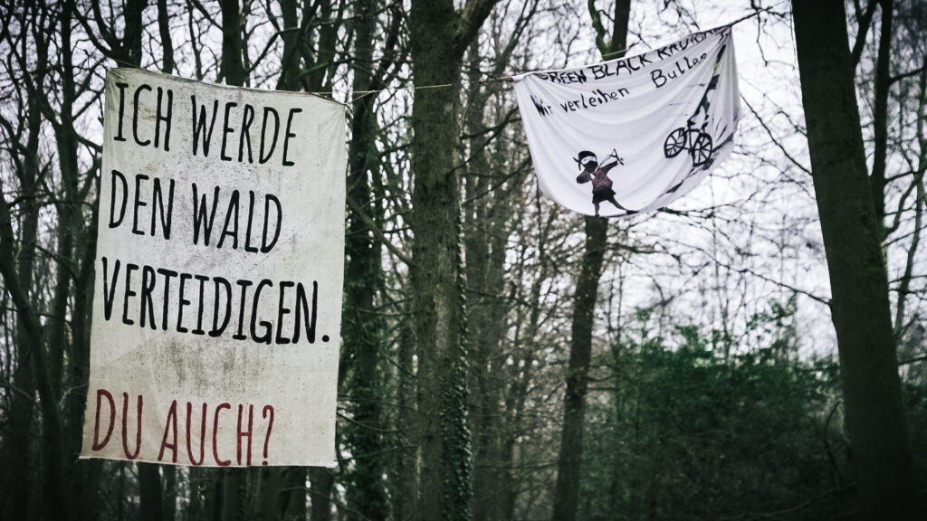 Ein Banner hängt im besetzten Wald auf dem steht: Ich werde den Wald verteidigen. Und du?